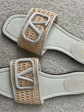 Woven Beige and White Slide Sandals - Women's Casual Slip-Ons